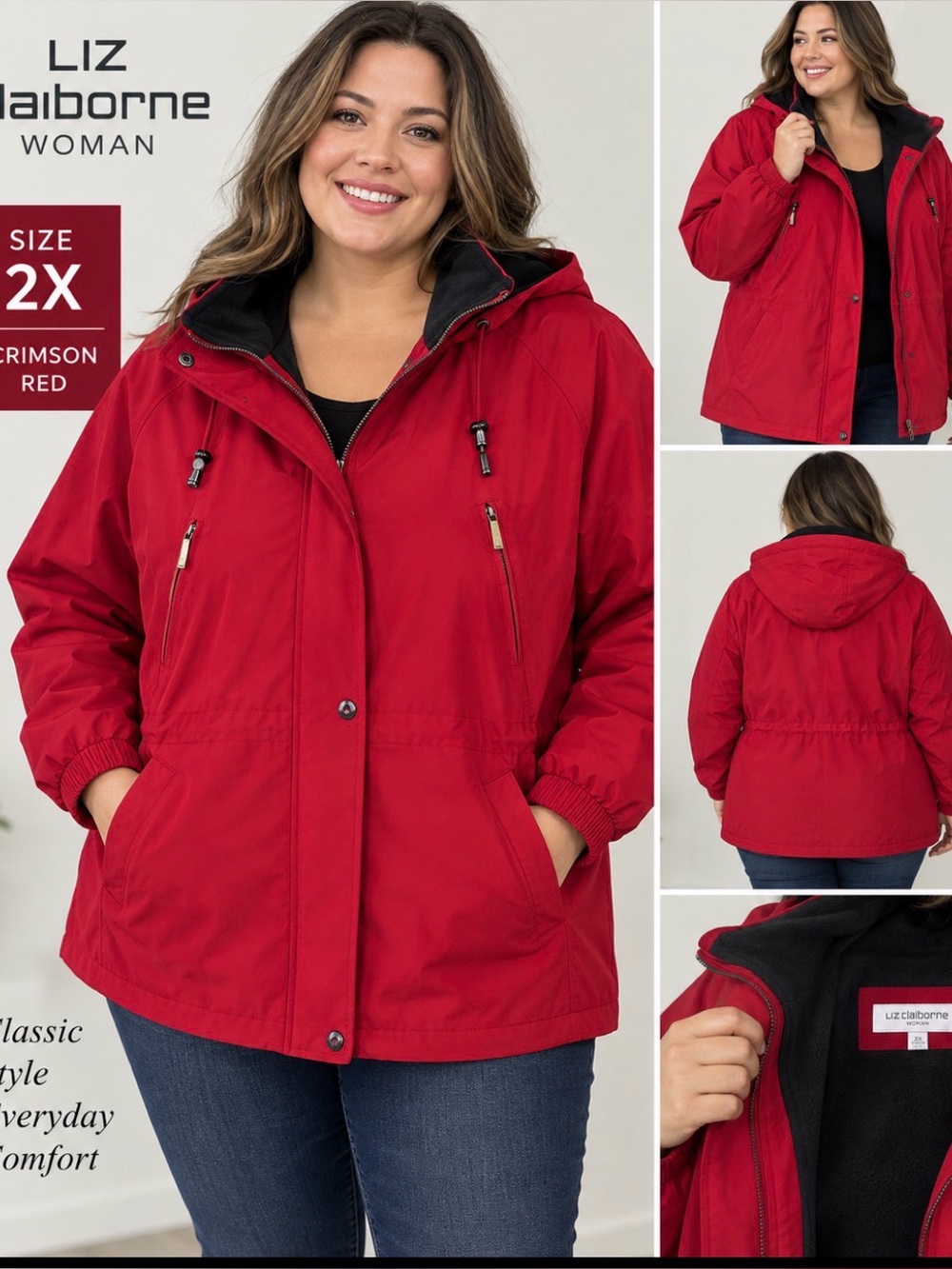 Liz Claiborne Woman 2X Hooded Jacket Coat Crimson Red Insulated Full Zip NWT New